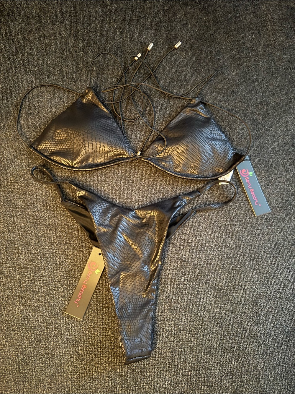 Shiny Black Snakeskin-Texture String Bikini